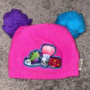 Shopkins Fuchsia Beanie with Purple and Blue Pom Poms